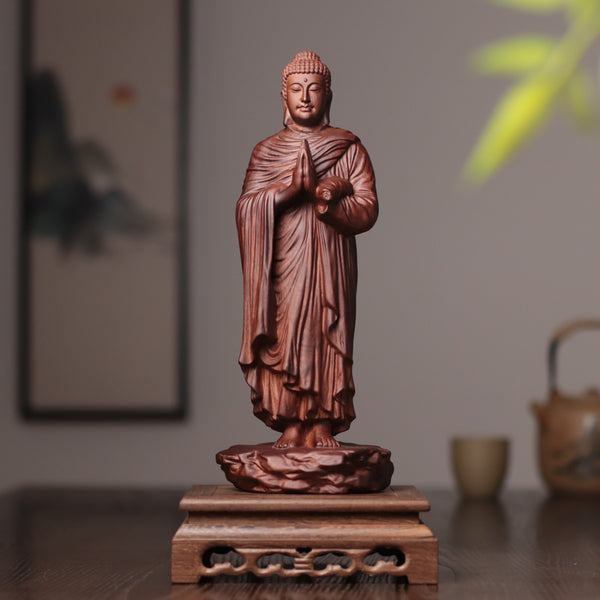Standing Shakyamuni Buddha Statue - Kiaat Wood, 11.8-Inch