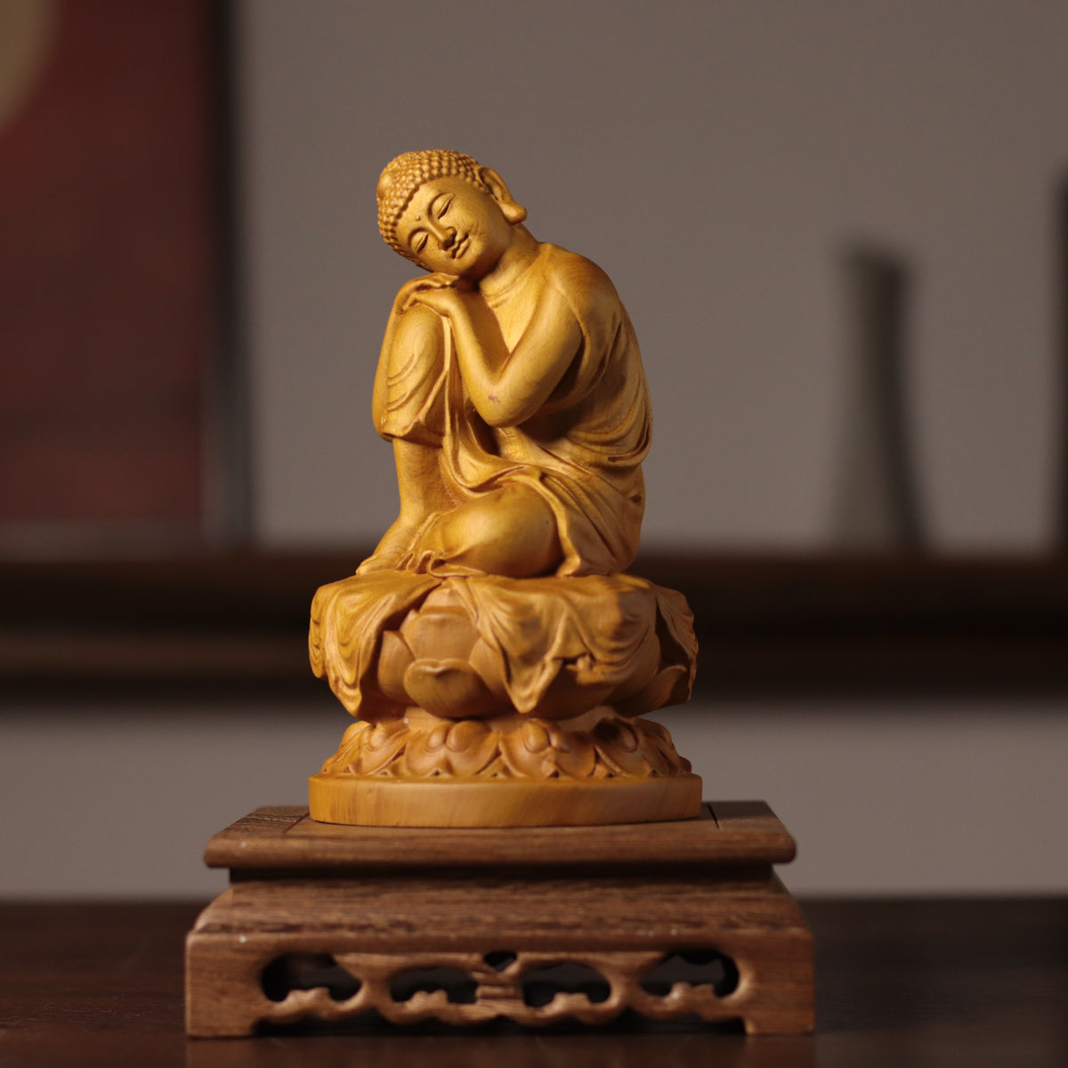 Serene Buddha Statue - Cypress Wood, 7.9-Inch Desk Decor