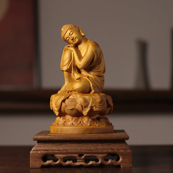 Serene Buddha Statue - Cypress Wood, 7.9-Inch Desk Decor