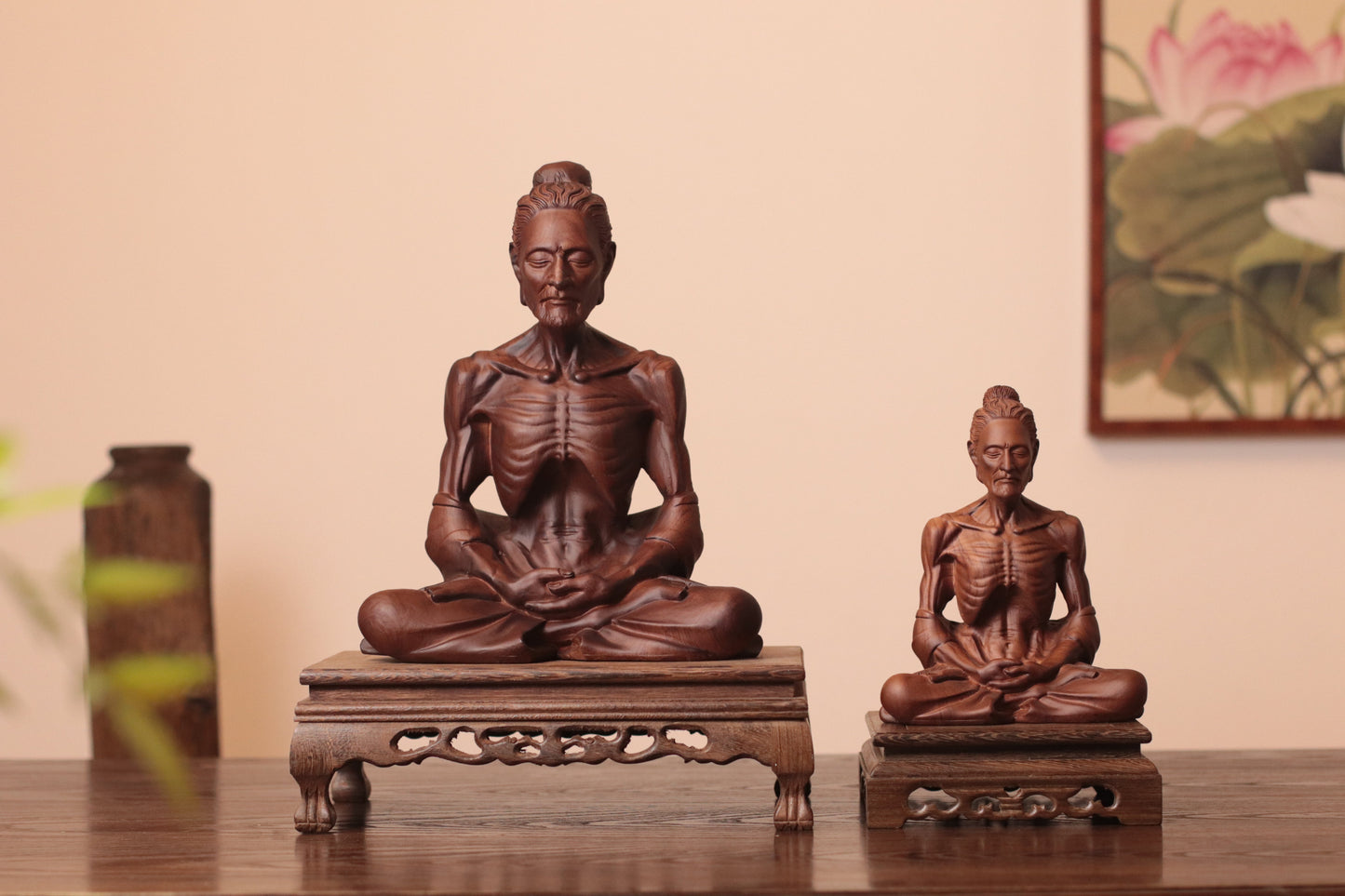 Hand Carved Fasting Buddha Statue, Solid Wood Emaciated Siddhartha