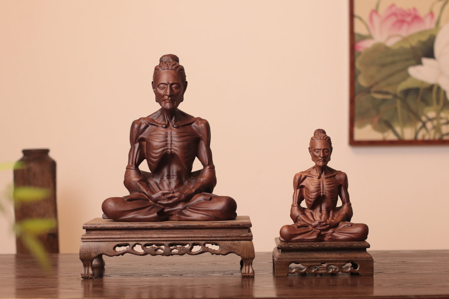 Hand Carved Fasting Buddha Statue, Solid Wood Emaciated Siddhartha