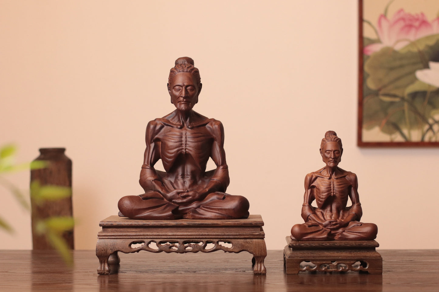 Hand Carved Fasting Buddha Statue, Solid Wood Emaciated Siddhartha