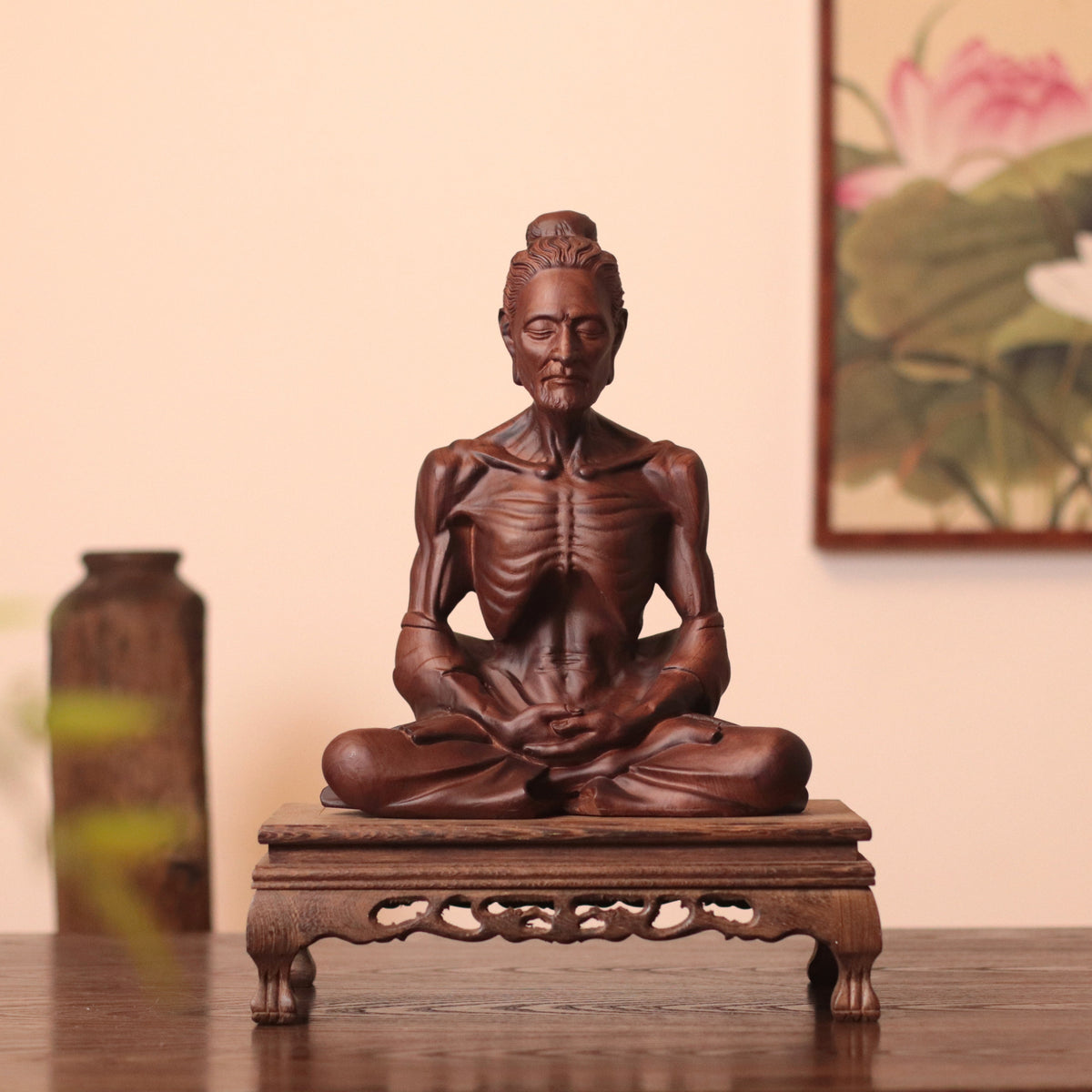 Hand Carved Fasting Buddha Statue, Solid Wood Emaciated Siddhartha