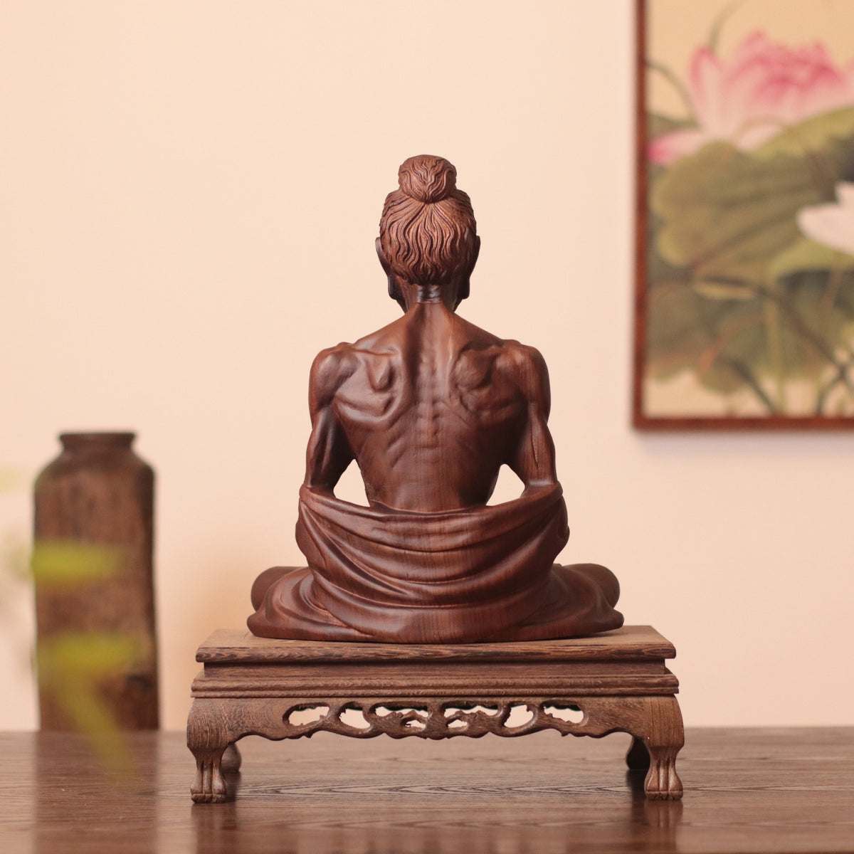 Hand Carved Fasting Buddha Statue, Solid Wood Emaciated Siddhartha
