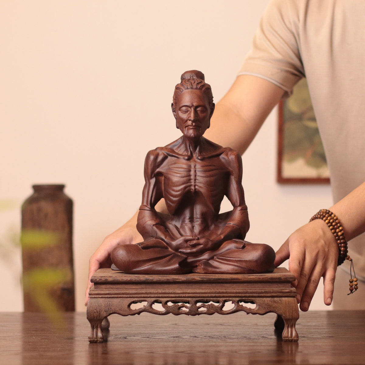 Hand Carved Fasting Buddha Statue, Solid Wood Emaciated Siddhartha