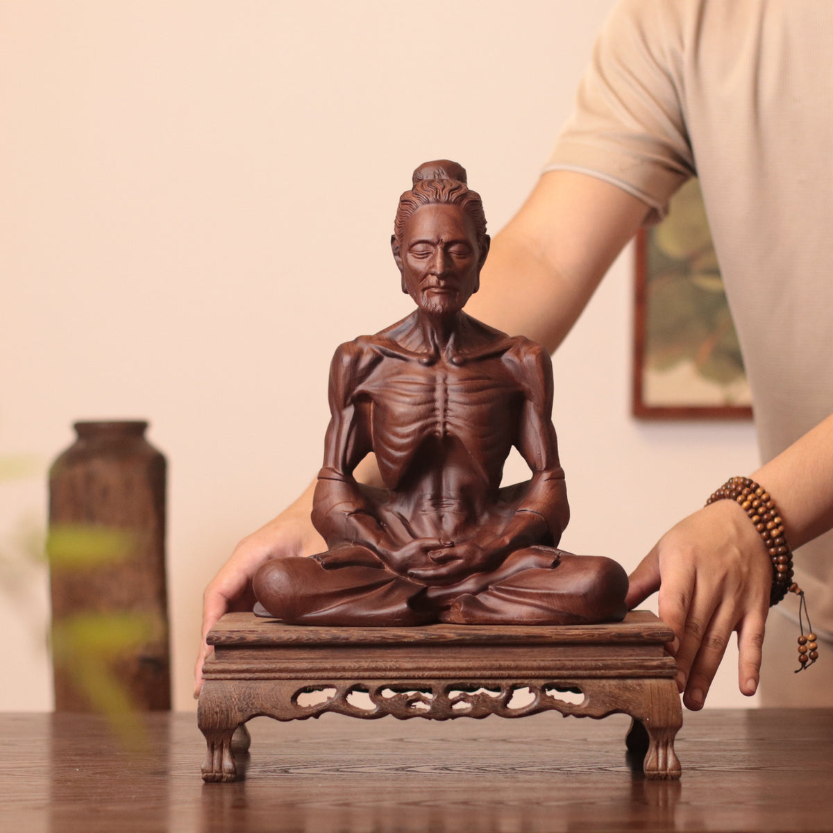 Hand Carved Fasting Buddha Statue, Solid Wood Emaciated Siddhartha