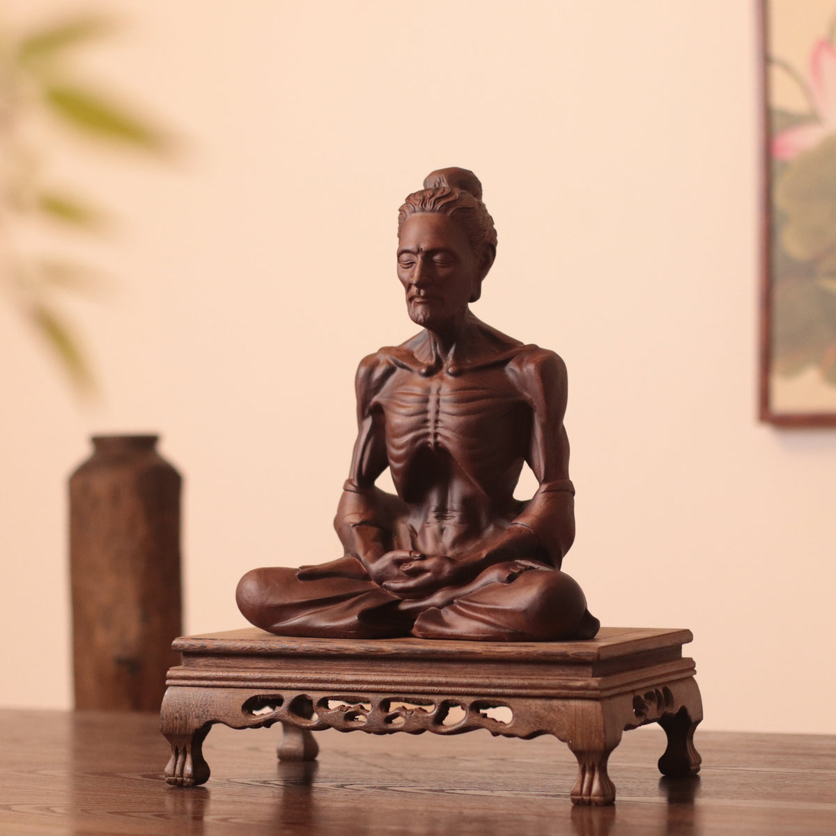 Hand Carved Fasting Buddha Statue, Solid Wood Emaciated Siddhartha
