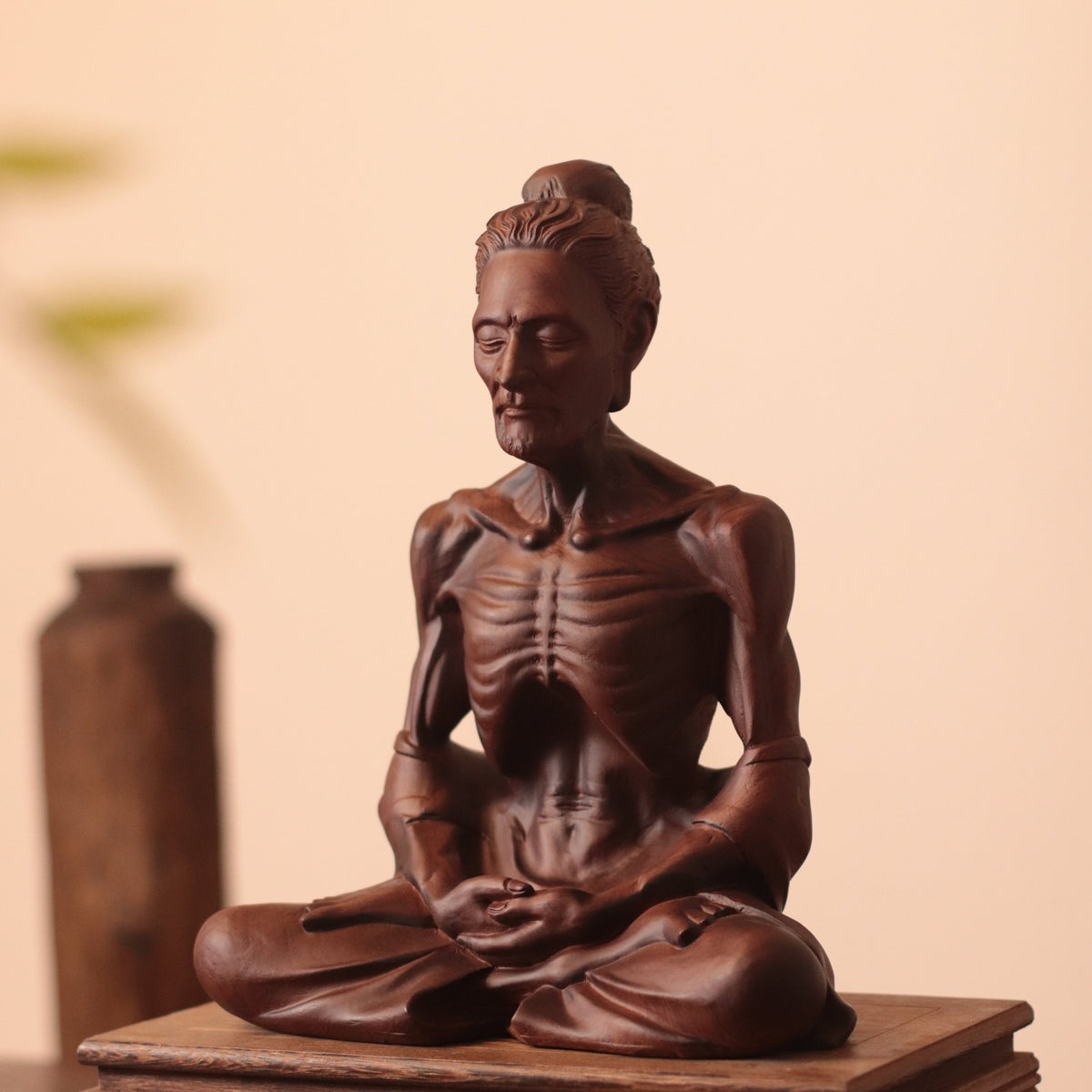 Hand Carved Fasting Buddha Statue, Solid Wood Emaciated Siddhartha
