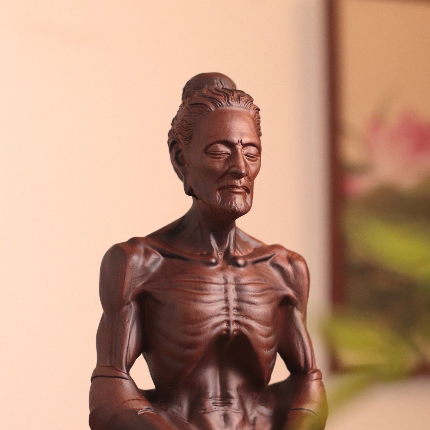 Hand Carved Fasting Buddha Statue, Solid Wood Emaciated Siddhartha