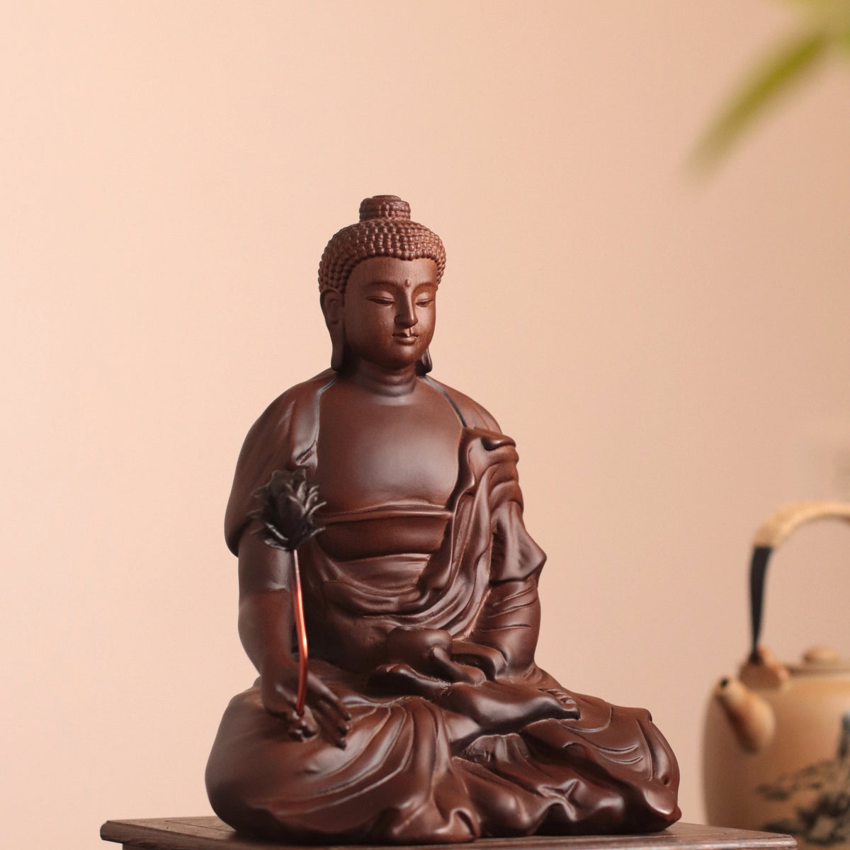 Hand Carved Padauk Wood Bhaisajyaguru Medicine Buddha Statue