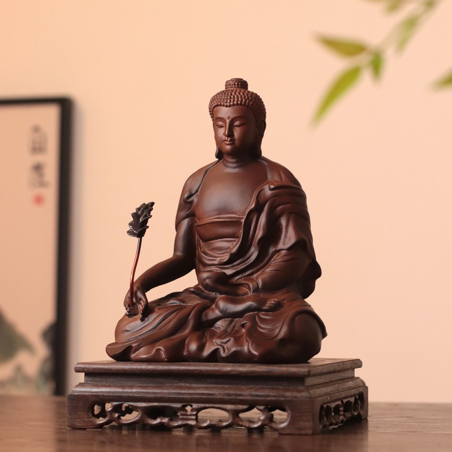 Hand Carved Padauk Wood Bhaisajyaguru Medicine Buddha Statue