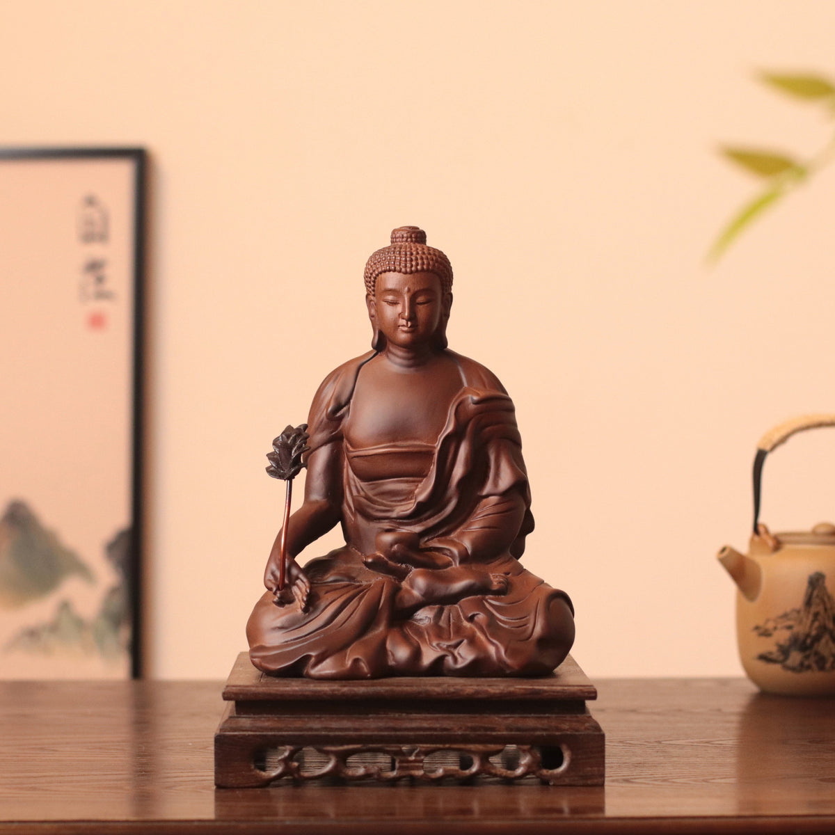 Hand Carved Padauk Wood Bhaisajyaguru Medicine Buddha Statue
