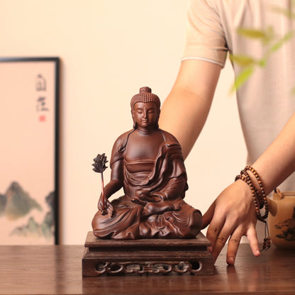 Hand Carved Padauk Wood Bhaisajyaguru Medicine Buddha Statue