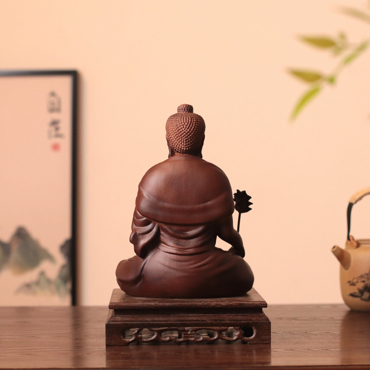 Hand Carved Padauk Wood Bhaisajyaguru Medicine Buddha Statue