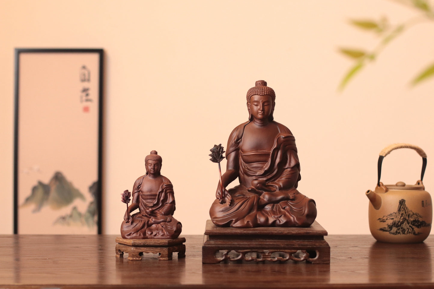 Hand Carved Padauk Wood Bhaisajyaguru Medicine Buddha Statue