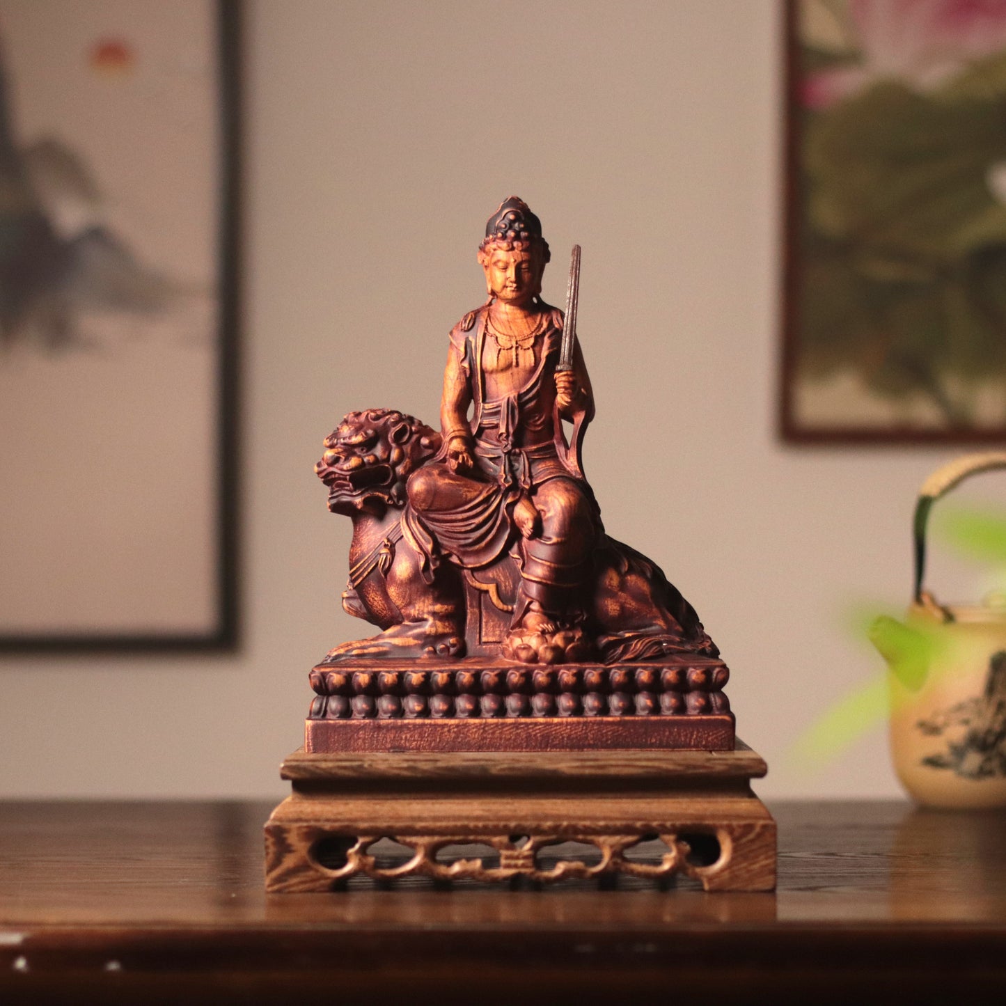 Manjushri Bodhisattva Statue - Hand Carved African Padauk Wood