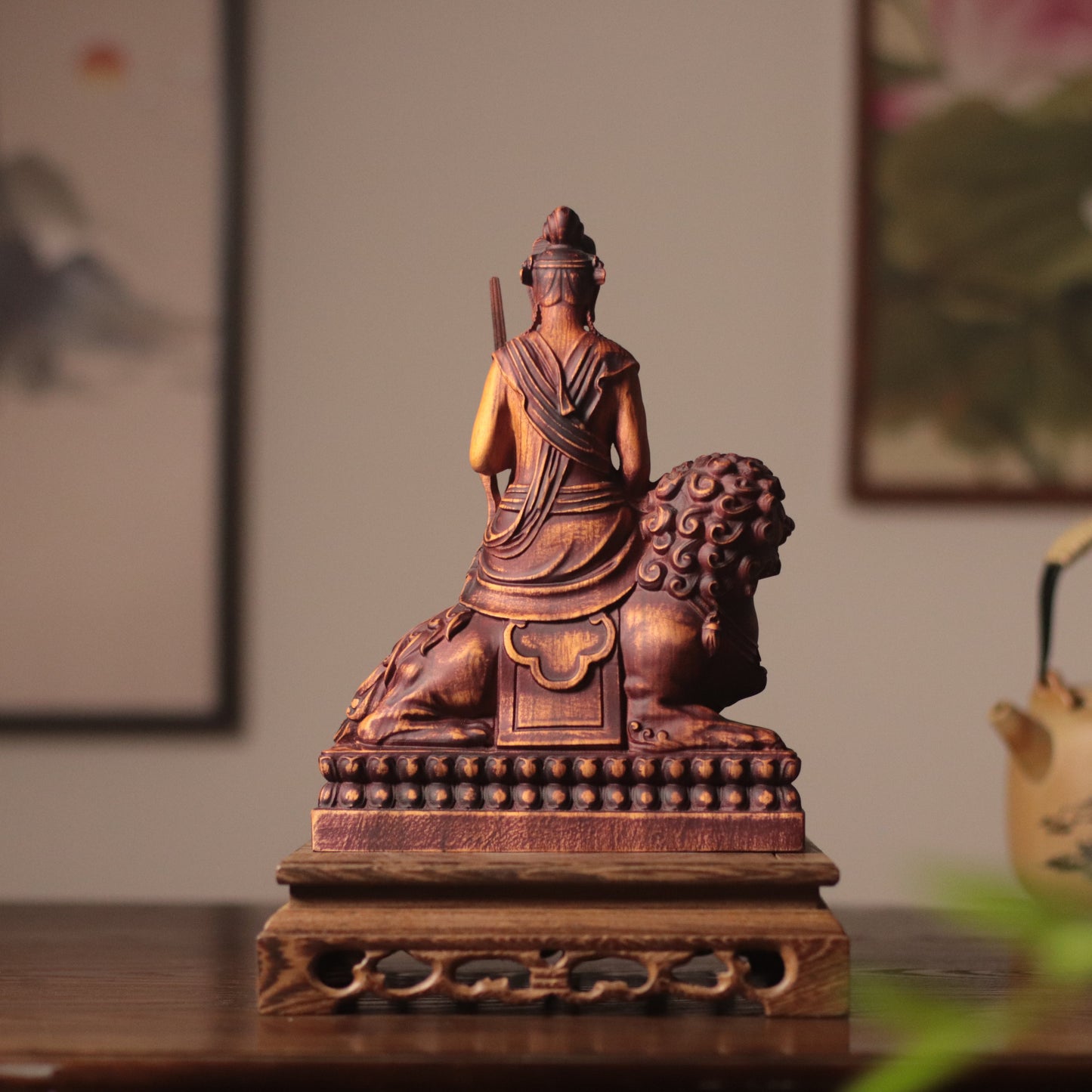Manjushri Bodhisattva Statue - Hand Carved African Padauk Wood