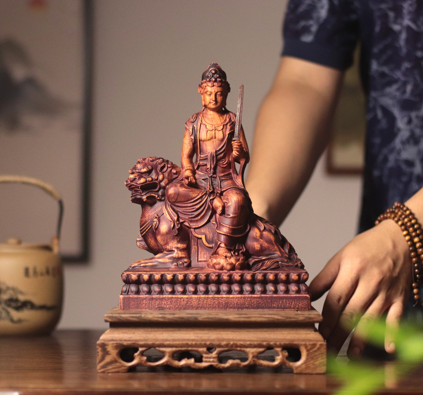 Manjushri Bodhisattva Statue - Hand Carved African Padauk Wood