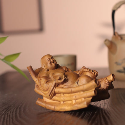 Rocking Laughing Buddha Maitreya Statue, Hand Carved Cypress Wood