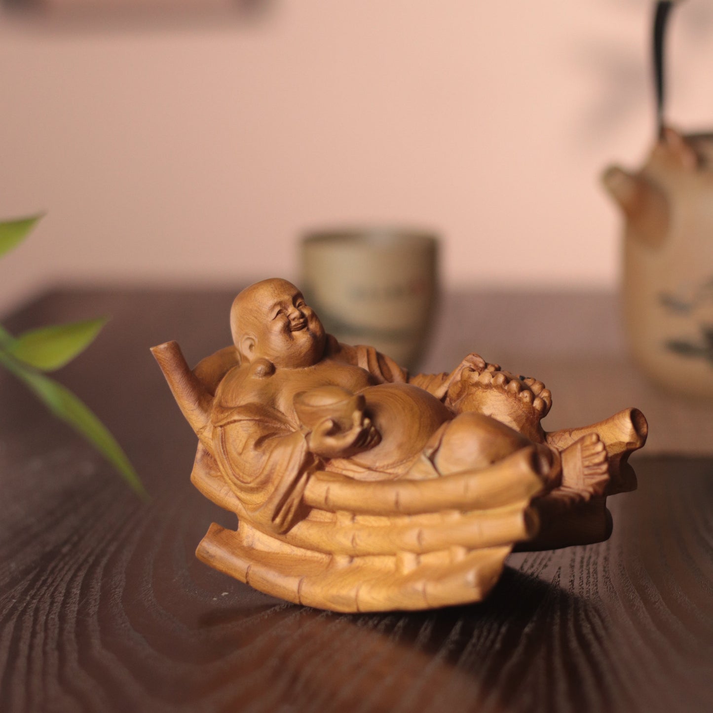 Rocking Laughing Buddha Maitreya Statue, Hand Carved Cypress Wood
