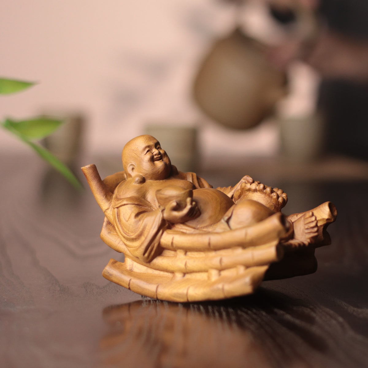 Rocking Laughing Buddha Maitreya Statue, Hand Carved Cypress Wood