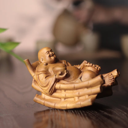 Rocking Laughing Buddha Maitreya Statue, Hand Carved Cypress Wood