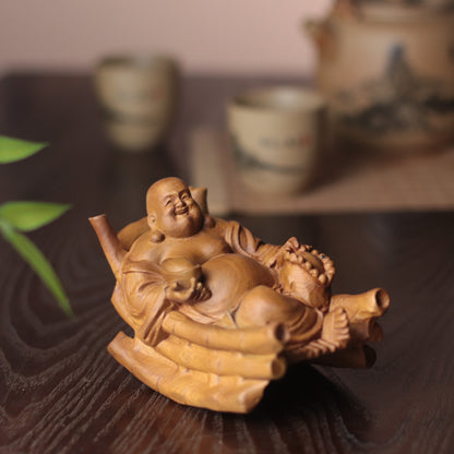 Rocking Laughing Buddha Maitreya Statue, Hand Carved Cypress Wood