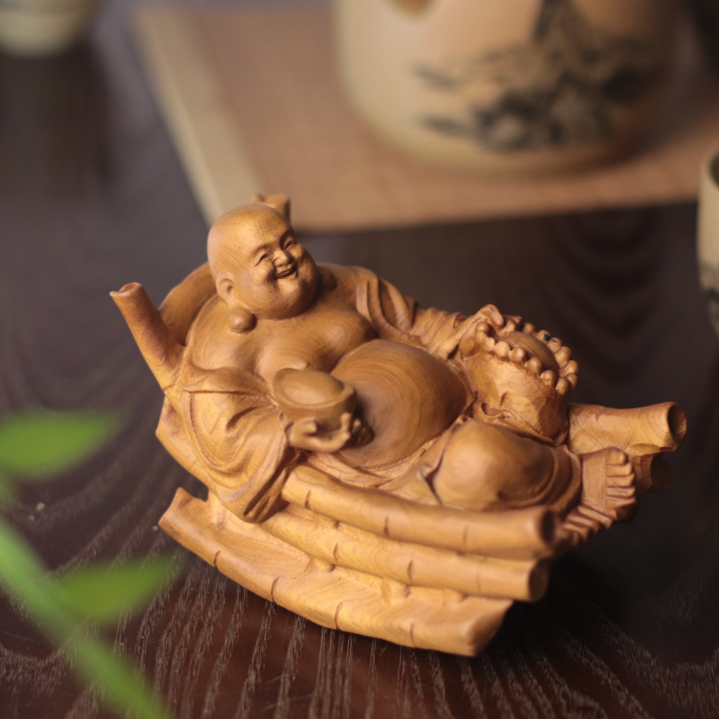 Rocking Laughing Buddha Maitreya Statue, Hand Carved Cypress Wood