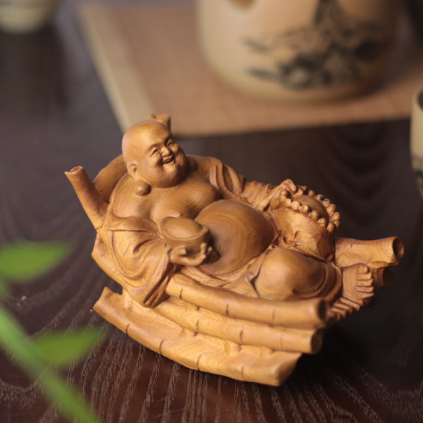 Rocking Laughing Buddha Maitreya Statue, Hand Carved Cypress Wood
