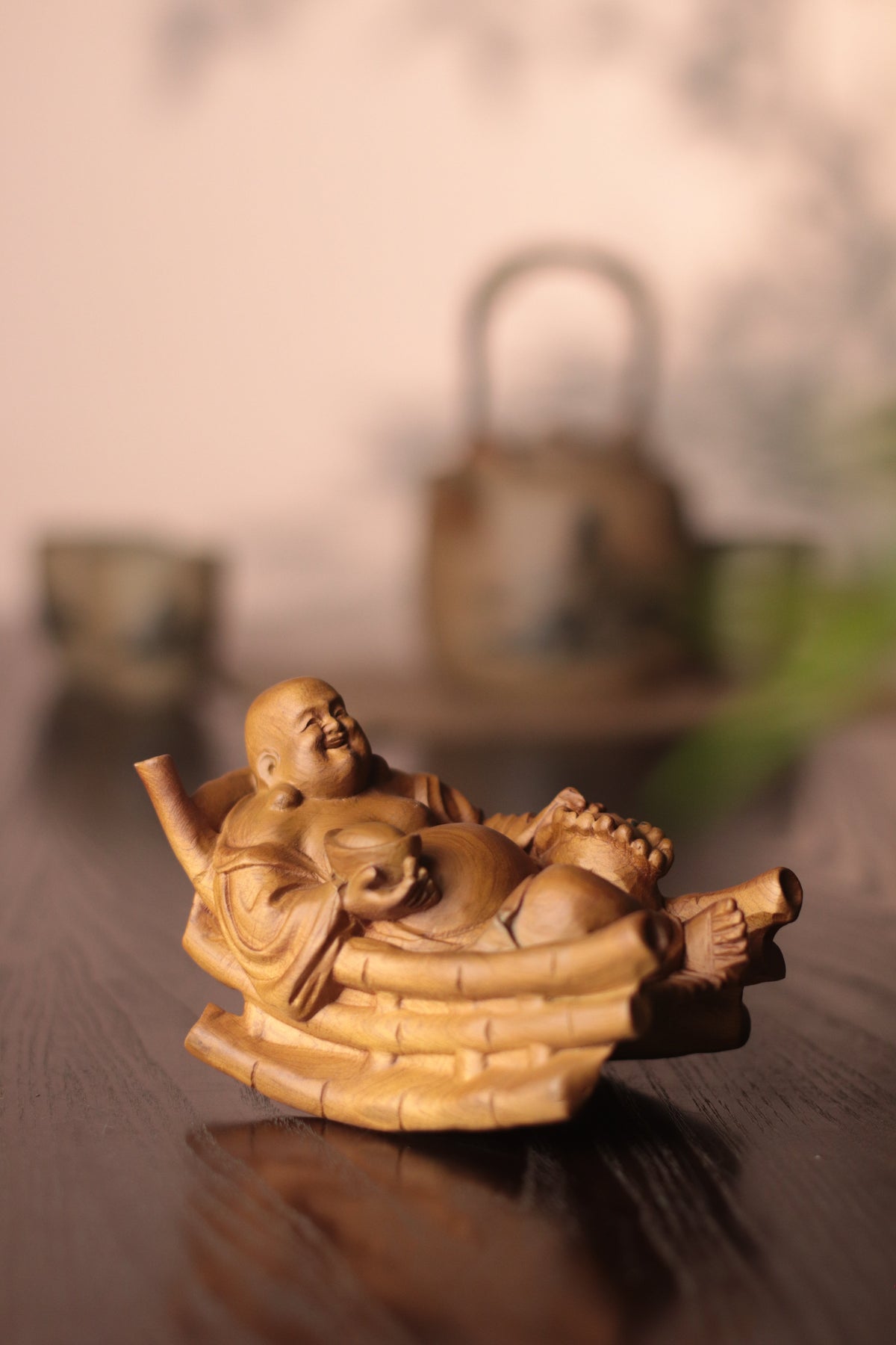 Rocking Laughing Buddha Maitreya Statue, Hand Carved Cypress Wood