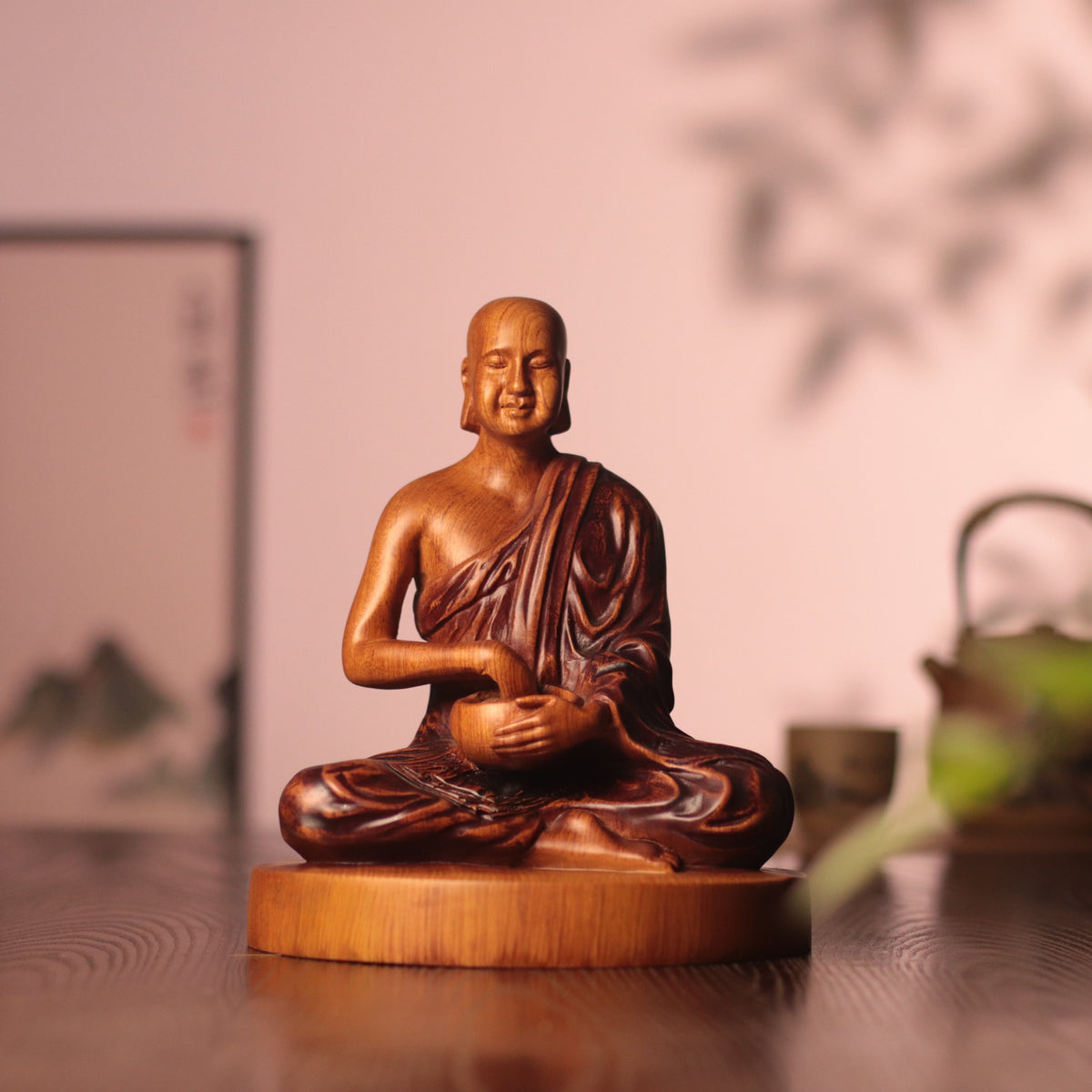 Hand Carved Phra Sivali Wooden Statue, Buddha Arahant Disciples