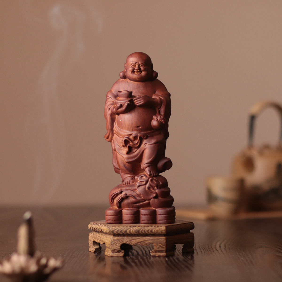 Laughing Buddha Statue - Padauk Wood, Abundance Decor