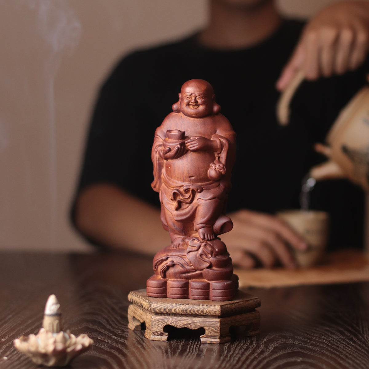 Laughing Buddha Statue - Padauk Wood, Abundance Decor – additional view 4