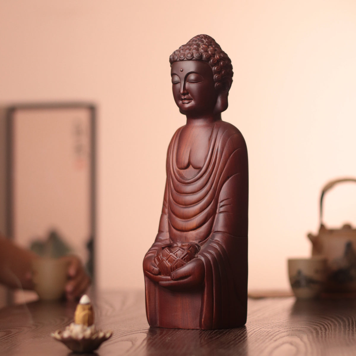 Abstract Shakyamuni Buddha Statue, Wooden Padmasana Buddha