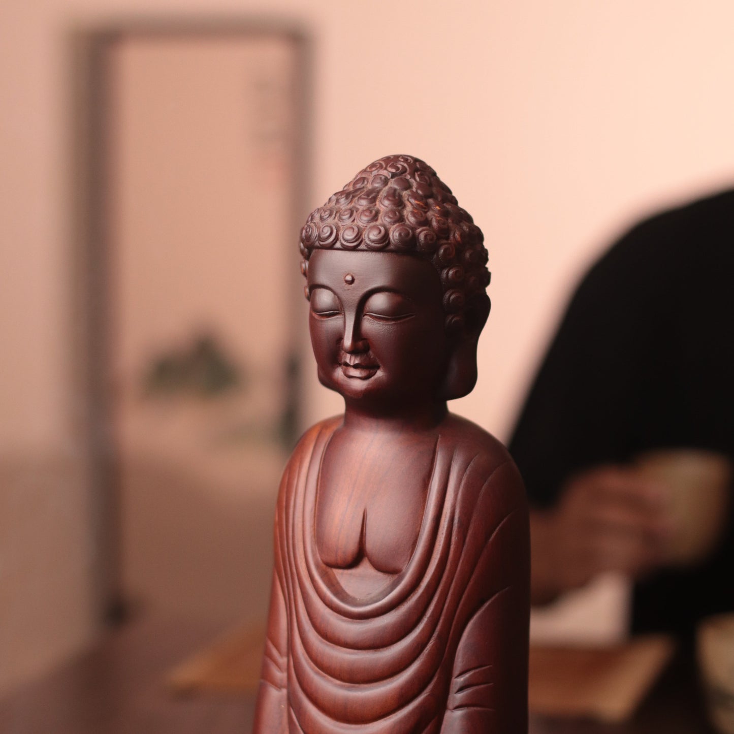 Abstract Shakyamuni Buddha Statue, Wooden Padmasana Buddha