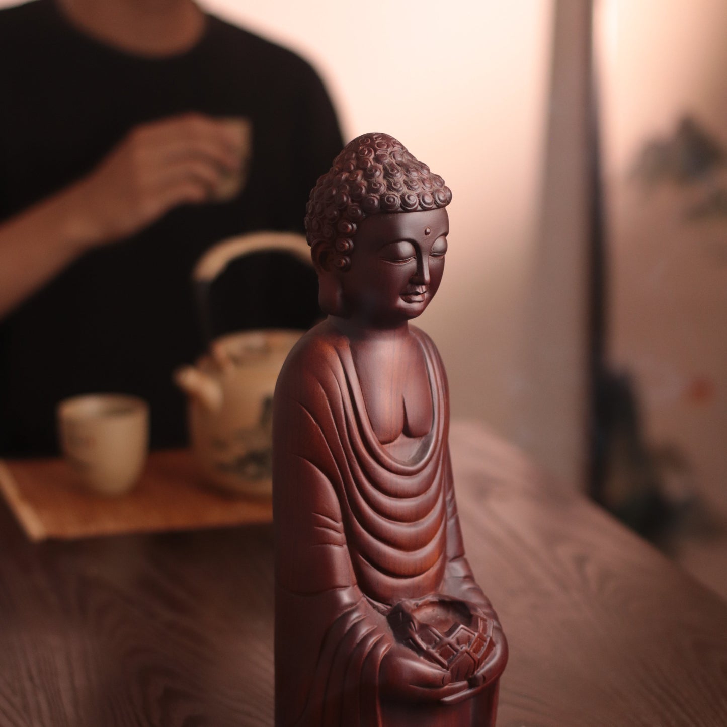 Abstract Shakyamuni Buddha Statue, Wooden Padmasana Buddha