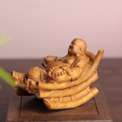 Rocking Laughing Buddha Maitreya Statue, Hand Carved Cypress Wood