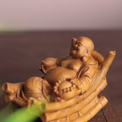 Rocking Laughing Buddha Maitreya Statue, Hand Carved Cypress Wood