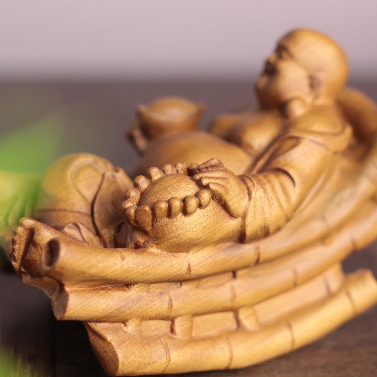 Rocking Laughing Buddha Maitreya Statue, Hand Carved Cypress Wood