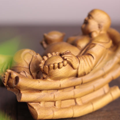 Rocking Laughing Buddha Maitreya Statue, Hand Carved Cypress Wood