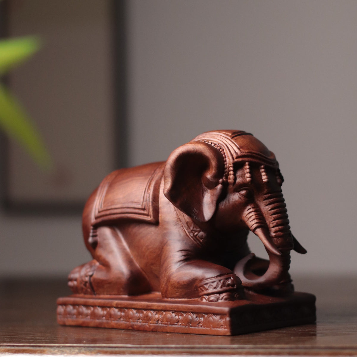 Kneeling Elephant Statue - Padauk Wood, Grounding Decor