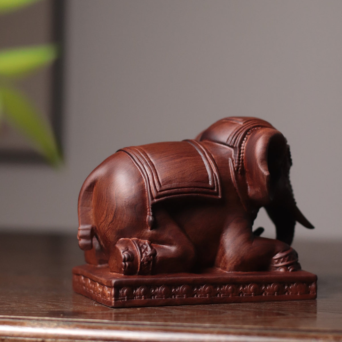 Kneeling Elephant Statue - Padauk Wood, Grounding Decor