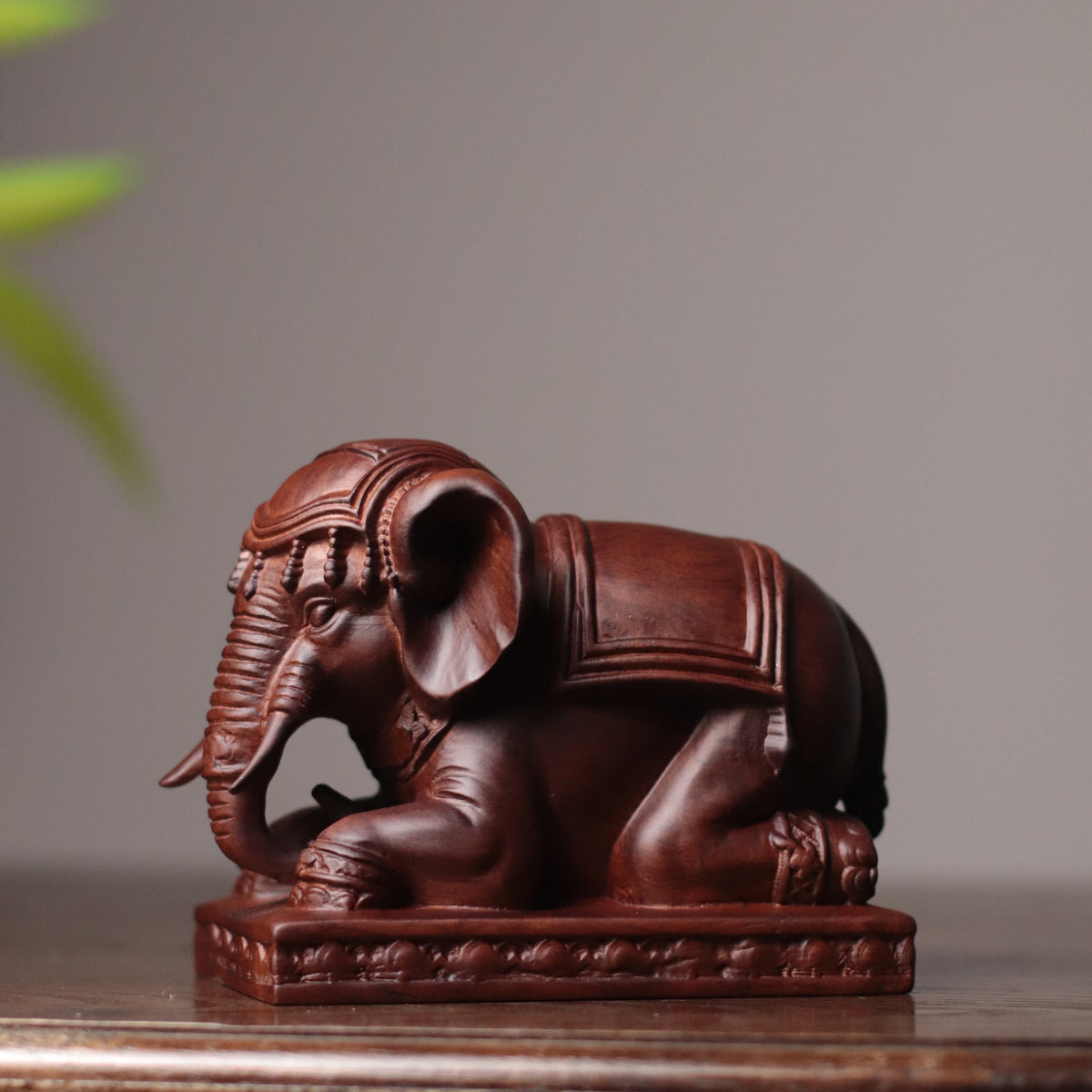 Hand carved solid Padauk wood kneeling elephant statue