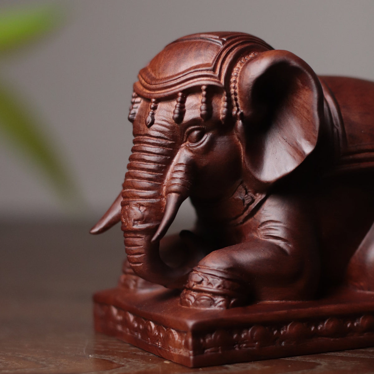 Kneeling Elephant Statue - Padauk Wood, Grounding Decor