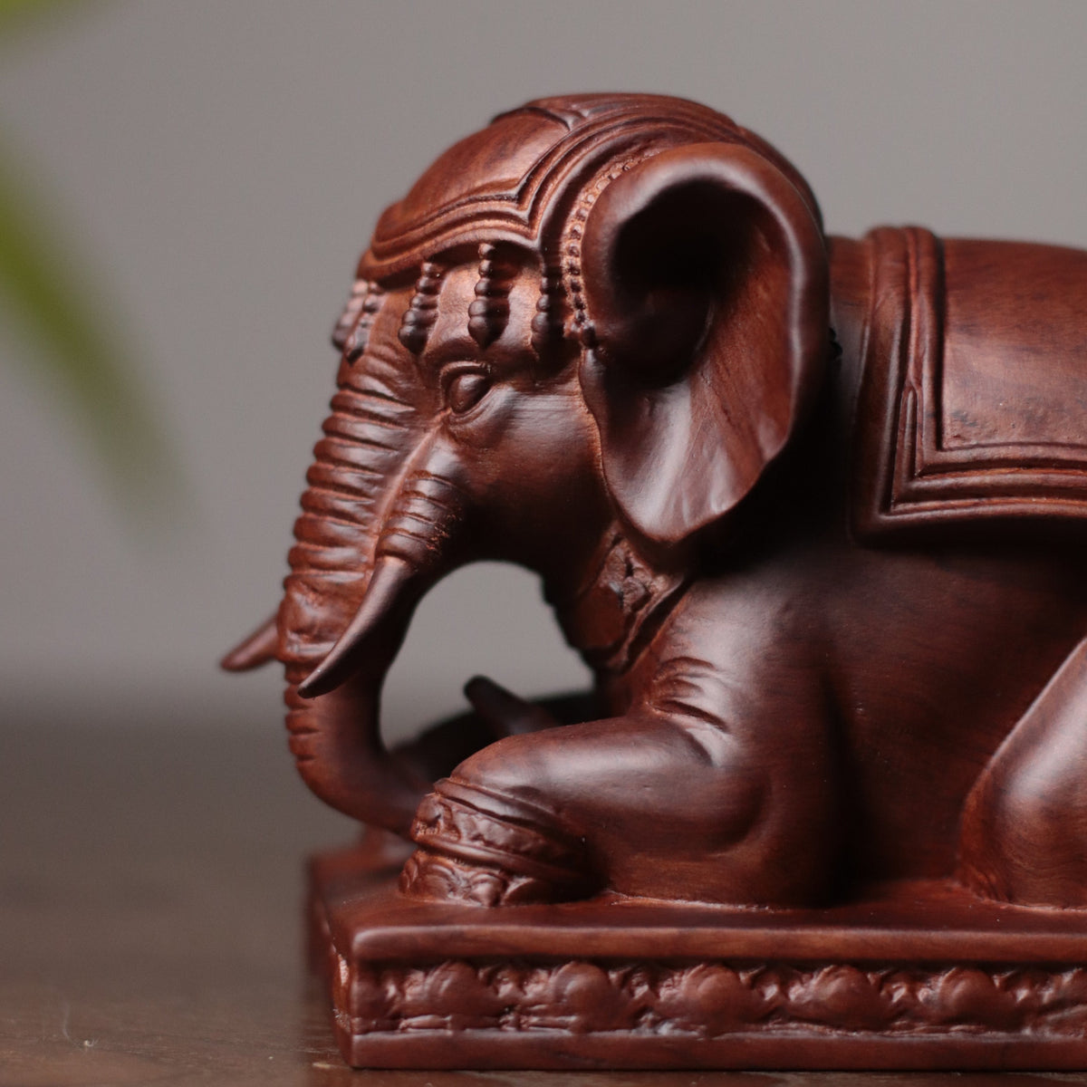 Kneeling Elephant Statue - Padauk Wood, Grounding Decor