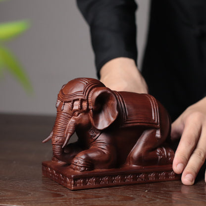 Kneeling Elephant Statue - Padauk Wood, Grounding Decor