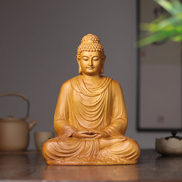 Sakyamuni Buddha Statue - Hand-Carved Cypress Wood, Meditation Decor