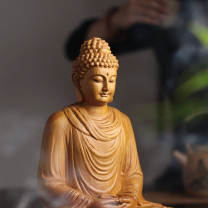 Sakyamuni Buddha Statue - Hand-Carved Cypress Wood, Meditation Decor