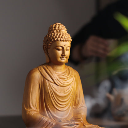 Sakyamuni Buddha Statue - Hand-Carved Cypress Wood, Meditation Decor