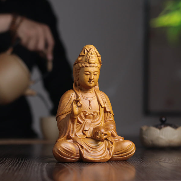 Scented Cypress Guan Yin Statue - Hand-Carved Compassion Goddess, Avalokiteshvara for Home Altar